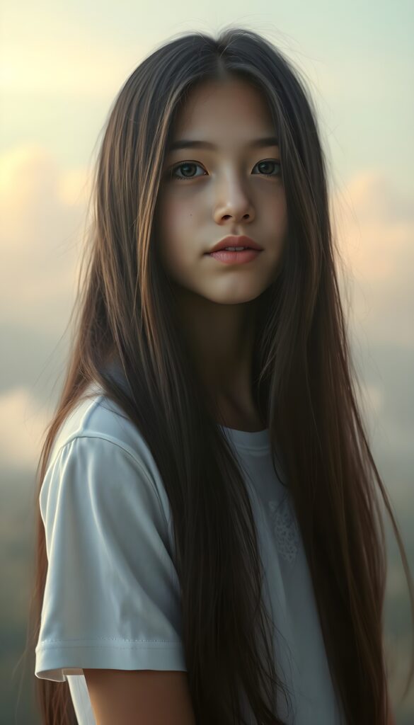 A surrealistic portrait of a beautiful young girl with long, soft obsidian black hair, gracefully cascading like silk, gazing affectionately at the camera. Her porcelain skin glows under a soft, ethereal light, illuminating the delicate freckles on her cheeks. She wears a crisp white t-shirt with a subtle pattern of delicate, intricate lace, adding a touch of whimsy. The background fades into a dreamlike, pastel gradient, with soft, billowing clouds and a hint of a mystical forest in the distance, creating a serene and enchanting atmosphere. The composition is framed with a bokeh effect, enhancing the dreamy and artistic quality of the image. The girl is centered in the picture.