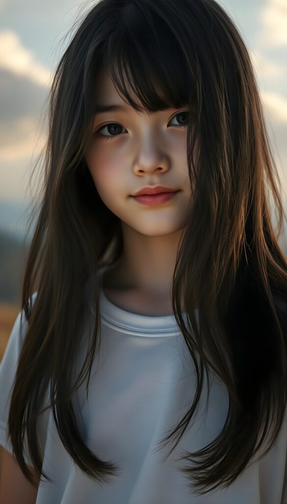 A surrealistic portrait of a beautiful young girl with long, soft obsidian black hair, gracefully cascading like silk, gazing affectionately at the camera. Her porcelain skin glows under a soft, ethereal light, illuminating the delicate freckles on her cheeks. She wears a crisp white t-shirt with a subtle pattern of delicate, intricate lace, adding a touch of whimsy. The background fades into a dreamlike, pastel gradient, with soft, billowing clouds and a hint of a mystical forest in the distance, creating a serene and enchanting atmosphere. The composition is framed with a bokeh effect, enhancing the dreamy and artistic quality of the image. The girl is centered in the picture.
