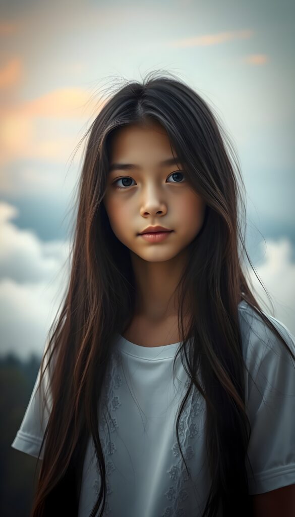 A surrealistic portrait of a beautiful young girl with long, soft obsidian black hair, gracefully cascading like silk, gazing affectionately at the camera. Her porcelain skin glows under a soft, ethereal light, illuminating the delicate freckles on her cheeks. She wears a crisp white t-shirt with a subtle pattern of delicate, intricate lace, adding a touch of whimsy. The background fades into a dreamlike, pastel gradient, with soft, billowing clouds and a hint of a mystical forest in the distance, creating a serene and enchanting atmosphere. The composition is framed with a bokeh effect, enhancing the dreamy and artistic quality of the image. The girl is centered in the picture.