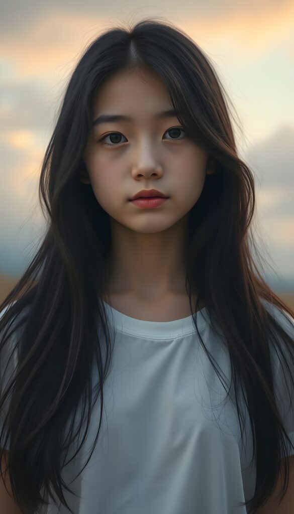 A surrealistic portrait of a beautiful young girl with long, soft obsidian black hair, gracefully cascading like silk, gazing affectionately at the camera. Her porcelain skin glows under a soft, ethereal light, illuminating the delicate freckles on her cheeks. She wears a crisp white t-shirt with a subtle pattern of delicate, intricate lace, adding a touch of whimsy. The background fades into a dreamlike, pastel gradient, with soft, billowing clouds and a hint of a mystical forest in the distance, creating a serene and enchanting atmosphere. The composition is framed with a bokeh effect, enhancing the dreamy and artistic quality of the image. The girl is centered in the picture.