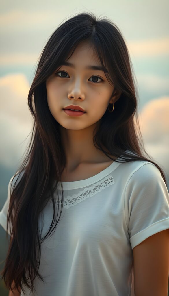 A surrealistic portrait of a beautiful young girl with long, soft obsidian black hair, gracefully cascading like silk, gazing affectionately at the camera. Her porcelain skin glows under a soft, ethereal light, illuminating the delicate freckles on her cheeks. She wears a crisp white t-shirt with a subtle pattern of delicate, intricate lace, adding a touch of whimsy. The background fades into a dreamlike, pastel gradient, with soft, billowing clouds and a hint of a mystical forest in the distance, creating a serene and enchanting atmosphere. The composition is framed with a bokeh effect, enhancing the dreamy and artistic quality of the image. The girl is centered in the picture.