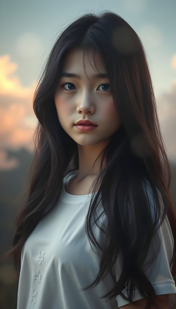 A surrealistic portrait of a beautiful young girl with long, soft obsidian black hair, gracefully cascading like silk, gazing affectionately at the camera. Her porcelain skin glows under a soft, ethereal light, illuminating the delicate freckles on her cheeks. She wears a crisp white t-shirt with a subtle pattern of delicate, intricate lace, adding a touch of whimsy. The background fades into a dreamlike, pastel gradient, with soft, billowing clouds and a hint of a mystical forest in the distance, creating a serene and enchanting atmosphere. The composition is framed with a bokeh effect, enhancing the dreamy and artistic quality of the image. The girl is centered in the picture.