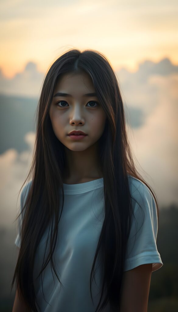A surrealistic portrait of a beautiful young girl with long, soft obsidian black hair, gracefully cascading like silk, gazing affectionately at the camera. Her porcelain skin glows under a soft, ethereal light, illuminating the delicate freckles on her cheeks. She wears a crisp white t-shirt with a subtle pattern of delicate, intricate lace, adding a touch of whimsy. The background fades into a dreamlike, pastel gradient, with soft, billowing clouds and a hint of a mystical forest in the distance, creating a serene and enchanting atmosphere. The composition is framed with a bokeh effect, enhancing the dreamy and artistic quality of the image. The girl is centered in the picture.