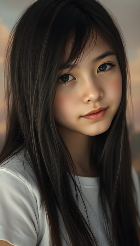 A surrealistic portrait of a beautiful young girl with long, soft obsidian black hair, gracefully cascading like silk, gazing affectionately at the camera. Her porcelain skin glows under a soft, ethereal light, illuminating the delicate freckles on her cheeks. She wears a crisp white t-shirt with a subtle pattern of delicate, intricate lace, adding a touch of whimsy. The background fades into a dreamlike, pastel gradient, with soft, billowing clouds and a hint of a mystical forest in the distance, creating a serene and enchanting atmosphere. The composition is framed with a bokeh effect, enhancing the dreamy and artistic quality of the image. The girl is centered in the picture.