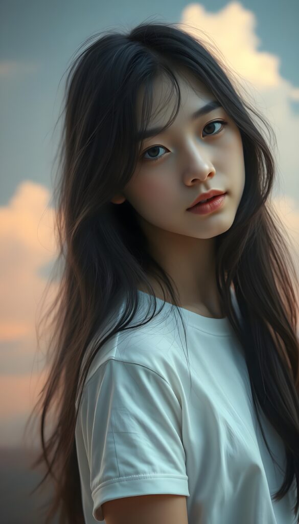 A surrealistic portrait of a beautiful young girl with long, soft obsidian black hair, gracefully cascading like silk, gazing affectionately at the camera. Her porcelain skin glows under a soft, ethereal light, illuminating the delicate freckles on her cheeks. She wears a crisp white t-shirt with a subtle pattern of delicate, intricate lace, adding a touch of whimsy. The background fades into a dreamlike, pastel gradient, with soft, billowing clouds and a hint of a mystical forest in the distance, creating a serene and enchanting atmosphere. The composition is framed with a bokeh effect, enhancing the dreamy and artistic quality of the image. The girl is centered in the picture.