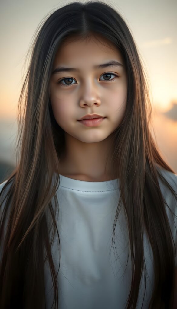 A surrealistic portrait of a beautiful young girl with long, soft obsidian black hair, gracefully cascading like silk, gazing affectionately at the camera. Her porcelain skin glows under a soft, ethereal light, illuminating the delicate freckles on her cheeks. She wears a crisp white t-shirt with a subtle pattern of delicate, intricate lace, adding a touch of whimsy. The background fades into a dreamlike, pastel gradient, with soft, billowing clouds and a hint of a mystical forest in the distance, creating a serene and enchanting atmosphere. The composition is framed with a bokeh effect, enhancing the dreamy and artistic quality of the image. The girl is centered in the picture.
