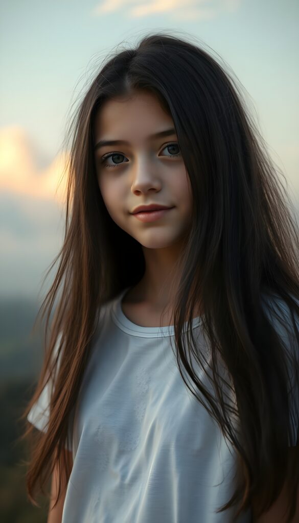 A surrealistic portrait of a beautiful young girl with long, soft obsidian black hair, gracefully cascading like silk, gazing affectionately at the camera. Her porcelain skin glows under a soft, ethereal light, illuminating the delicate freckles on her cheeks. She wears a crisp white t-shirt with a subtle pattern of delicate, intricate lace, adding a touch of whimsy. The background fades into a dreamlike, pastel gradient, with soft, billowing clouds and a hint of a mystical forest in the distance, creating a serene and enchanting atmosphere. The composition is framed with a bokeh effect, enhancing the dreamy and artistic quality of the image. The girl is centered in the picture.