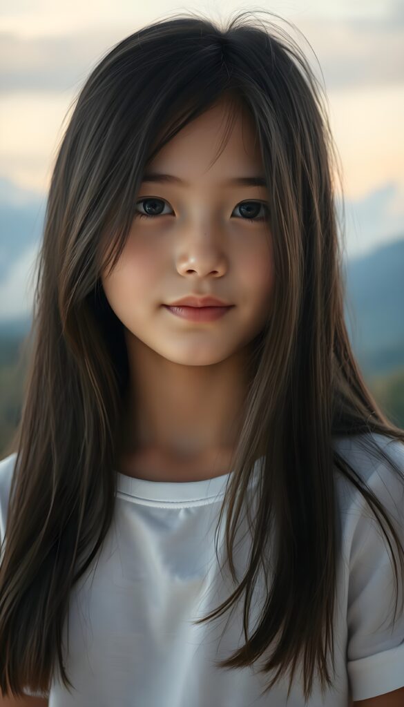 A surrealistic portrait of a beautiful young girl with long, soft obsidian black hair, gracefully cascading like silk, gazing affectionately at the camera. Her porcelain skin glows under a soft, ethereal light, illuminating the delicate freckles on her cheeks. She wears a crisp white t-shirt with a subtle pattern of delicate, intricate lace, adding a touch of whimsy. The background fades into a dreamlike, pastel gradient, with soft, billowing clouds and a hint of a mystical forest in the distance, creating a serene and enchanting atmosphere. The composition is framed with a bokeh effect, enhancing the dreamy and artistic quality of the image. The girl is centered in the picture.