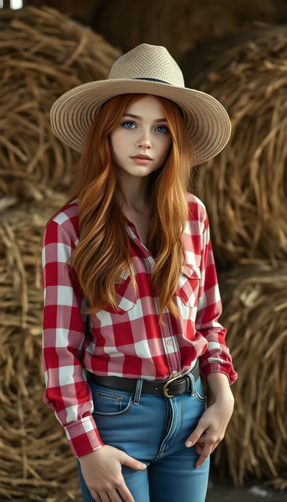 A sweet little adult woman wearing a red-and-white plaid shirt, a straw hat, and long, straight soft wavy hair—her red hair looks wonderful. She is standing in front of large bales of hay and wears denim blue jeans pants.