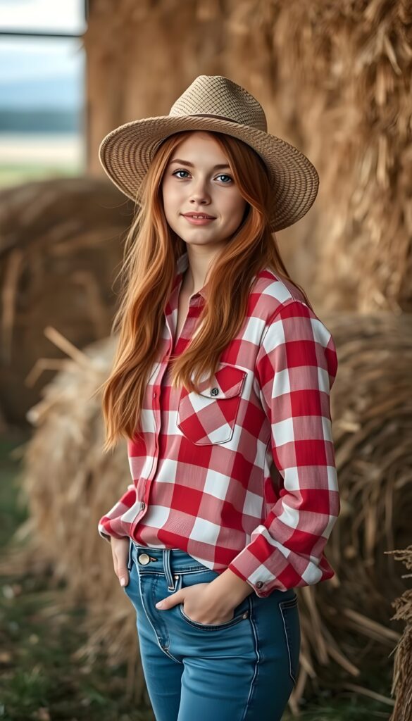 A sweet little adult woman wearing a red-and-white plaid shirt, a straw hat, and long, straight soft wavy hair—her red hair looks wonderful. She is standing in front of large bales of hay and wears denim blue jeans pants.
