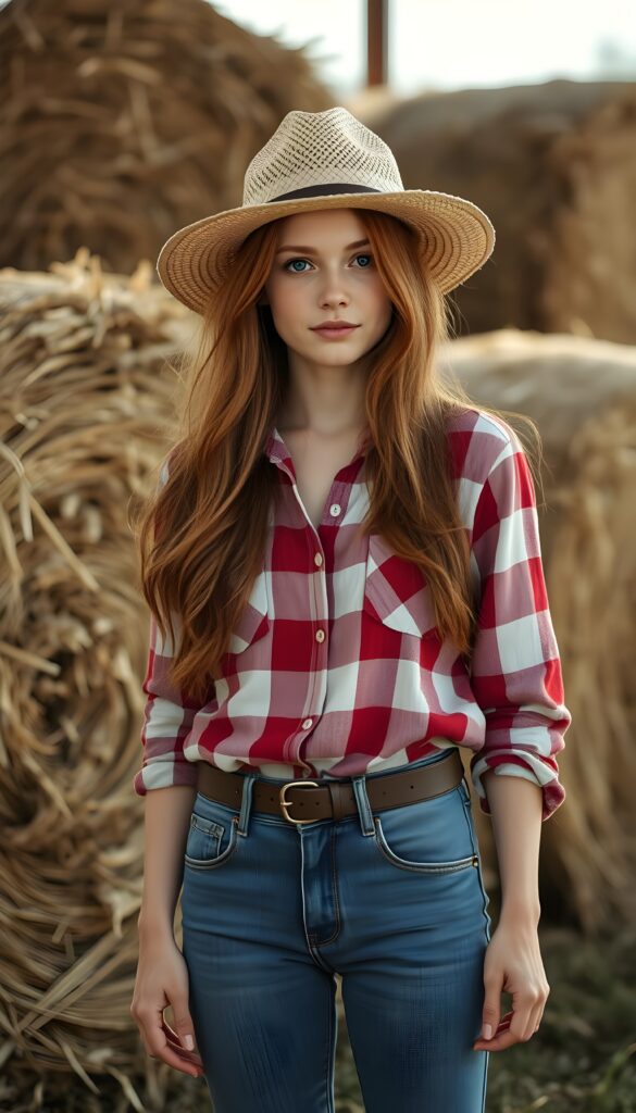 A sweet little adult woman wearing a red-and-white plaid shirt, a straw hat, and long, straight soft wavy hair—her red hair looks wonderful. She is standing in front of large bales of hay and wears denim blue jeans pants.