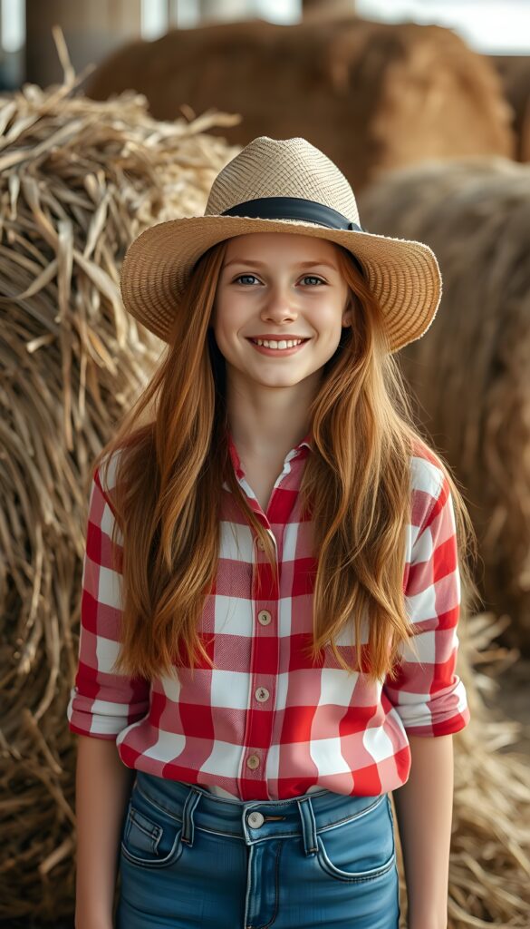 A sweet little adult woman wearing a red-and-white plaid shirt, a straw hat, and long, straight soft wavy hair—her red hair looks wonderful. She is standing in front of large bales of hay and wears denim blue jeans pants.
