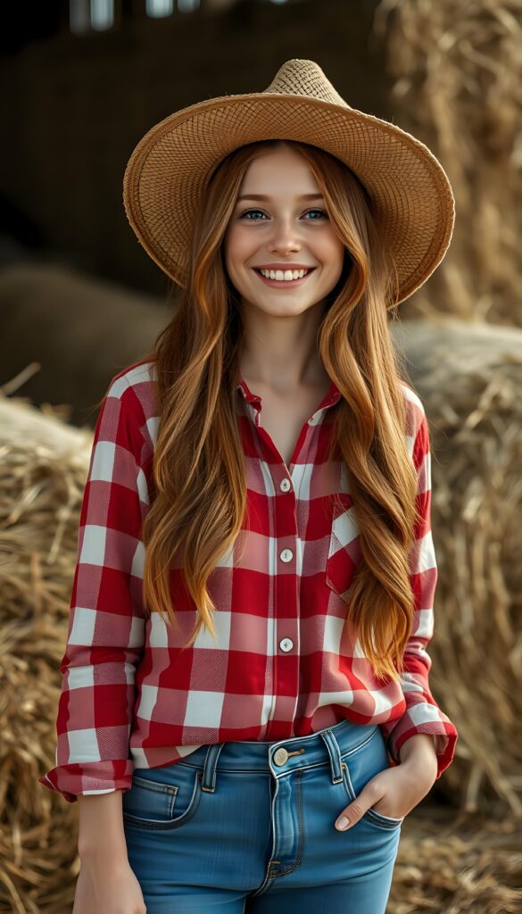A sweet little adult woman wearing a red-and-white plaid shirt, a straw hat, and long, straight soft wavy hair—her red hair looks wonderful. She is standing in front of large bales of hay and wears denim blue jeans pants.