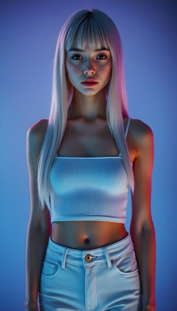 A tall, young girl stands confidently against a vibrant neon blue backdrop. Her straight white long white hair falls gracefully down same length left and right, accentuating her graceful posture, bangs cut frame her face. She is adorned in a sleek, plan futuristic snow white cropped spaghetti tank top made of smooth fine wool that clings to her curves, showcasing her perfect, feminine figure paired with a short white jeans pants. The lighting is soft yet luminous, casting a gentle glow around her, highlighting her features with a touch of ethereal radiance. The scene is set in a sleek, modern environment, with subtle hints of metallic and holographic elements adding a futuristic touch. Cute round belly button. Crop Top.
