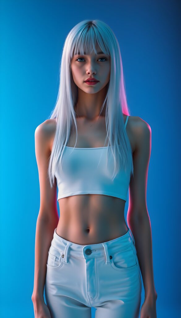A tall, young girl stands confidently against a vibrant neon blue backdrop. Her straight white long white hair falls gracefully down same length left and right, accentuating her graceful posture, bangs cut frame her face. She is adorned in a sleek, plan futuristic snow white cropped spaghetti tank top made of smooth fine wool that clings to her curves, showcasing her perfect, feminine figure paired with a short white jeans pants. The lighting is soft yet luminous, casting a gentle glow around her, highlighting her features with a touch of ethereal radiance. The scene is set in a sleek, modern environment, with subtle hints of metallic and holographic elements adding a futuristic touch. Cute round belly button. Crop Top.