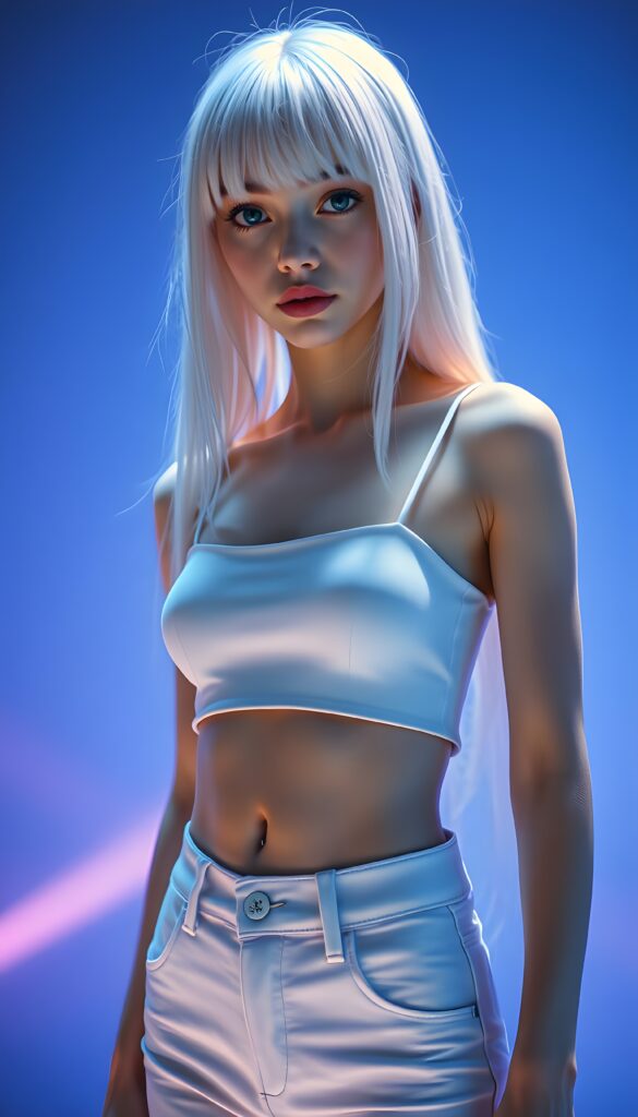 A tall, young girl stands confidently against a vibrant neon blue backdrop. Her straight white long white hair falls gracefully down same length left and right, accentuating her graceful posture, bangs cut frame her face. She is adorned in a sleek, plan futuristic snow white cropped spaghetti tank top made of smooth fine wool that clings to her curves, showcasing her perfect, feminine figure paired with a short white jeans pants. The lighting is soft yet luminous, casting a gentle glow around her, highlighting her features with a touch of ethereal radiance. The scene is set in a sleek, modern environment, with subtle hints of metallic and holographic elements adding a futuristic touch. Cute round belly button. Crop Top.