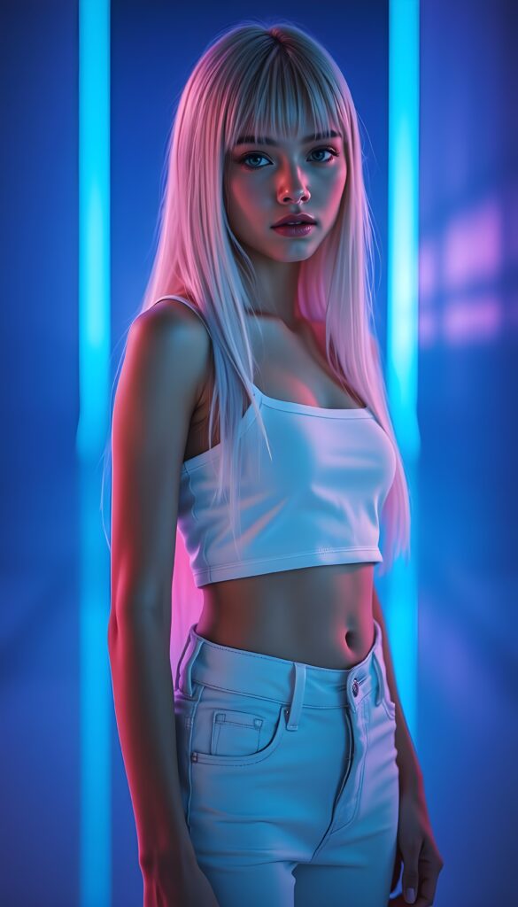 A tall, young girl stands confidently against a vibrant neon blue backdrop. Her straight white long white hair falls gracefully down same length left and right, accentuating her graceful posture, bangs cut frame her face. She is adorned in a sleek, plan futuristic snow white cropped spaghetti tank top made of smooth fine wool that clings to her curves, showcasing her perfect, feminine figure paired with a short white jeans pants. The lighting is soft yet luminous, casting a gentle glow around her, highlighting her features with a touch of ethereal radiance. The scene is set in a sleek, modern environment, with subtle hints of metallic and holographic elements adding a futuristic touch. Cute round belly button. Crop Top.