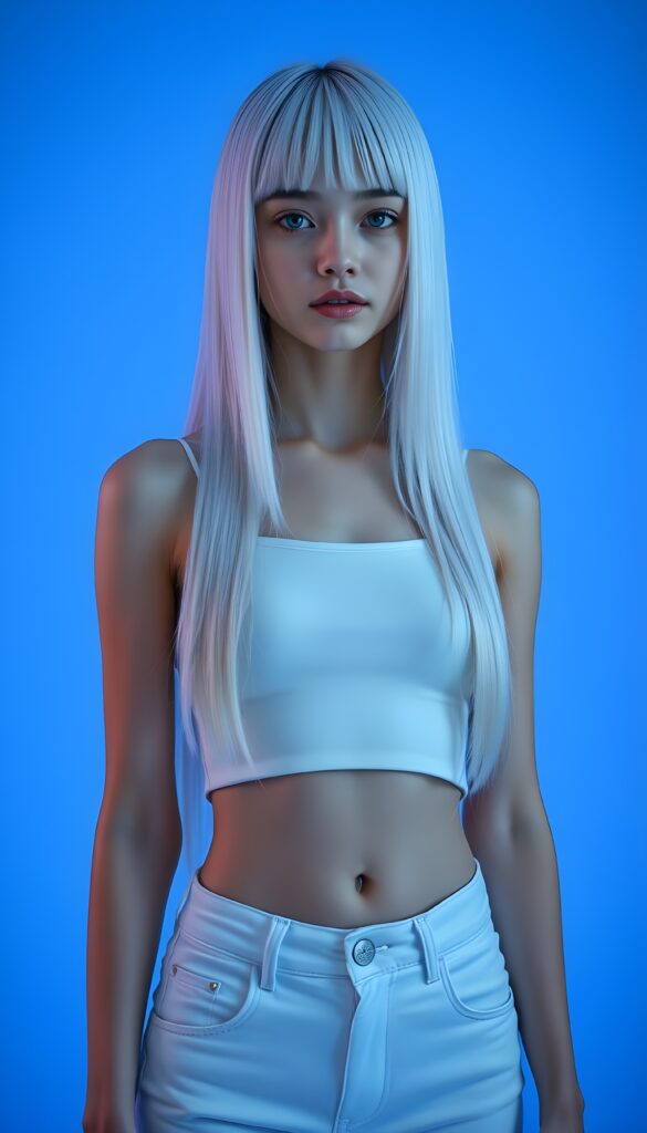 A tall, young girl stands confidently against a vibrant neon blue backdrop. Her straight white long white hair falls gracefully down same length left and right, accentuating her graceful posture, bangs cut frame her face. She is adorned in a sleek, plan futuristic snow white cropped spaghetti tank top made of smooth fine wool that clings to her curves, showcasing her perfect, feminine figure paired with a short white jeans pants. The lighting is soft yet luminous, casting a gentle glow around her, highlighting her features with a touch of ethereal radiance. The scene is set in a sleek, modern environment, with subtle hints of metallic and holographic elements adding a futuristic touch. Cute round belly button. Crop Top.