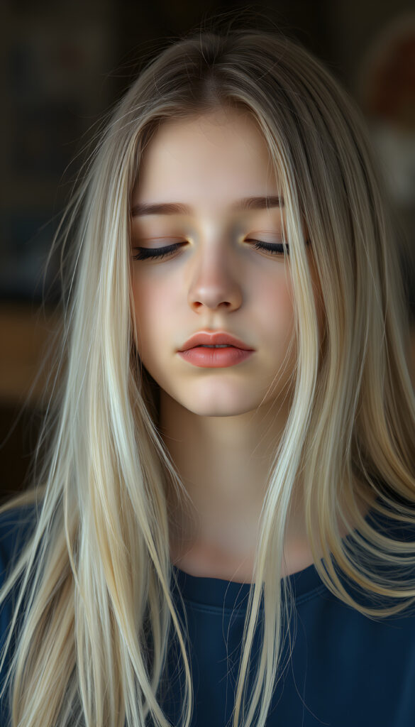 A teen girl. Her eyes are closed. Peaceful face. Long, white soft open hair falls over her upper body and is the same length on the right and left. She wears a deep blue t-shirt.
