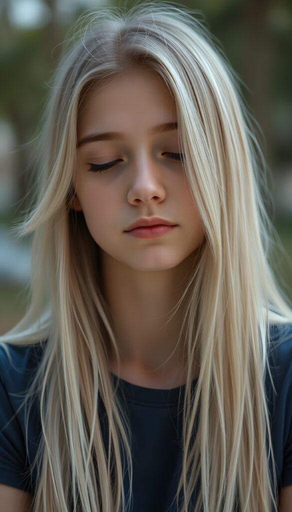 A teen girl. Her eyes are closed. Peaceful face. Long, white soft open hair falls over her upper body and is the same length on the right and left. She wears a deep blue t-shirt.