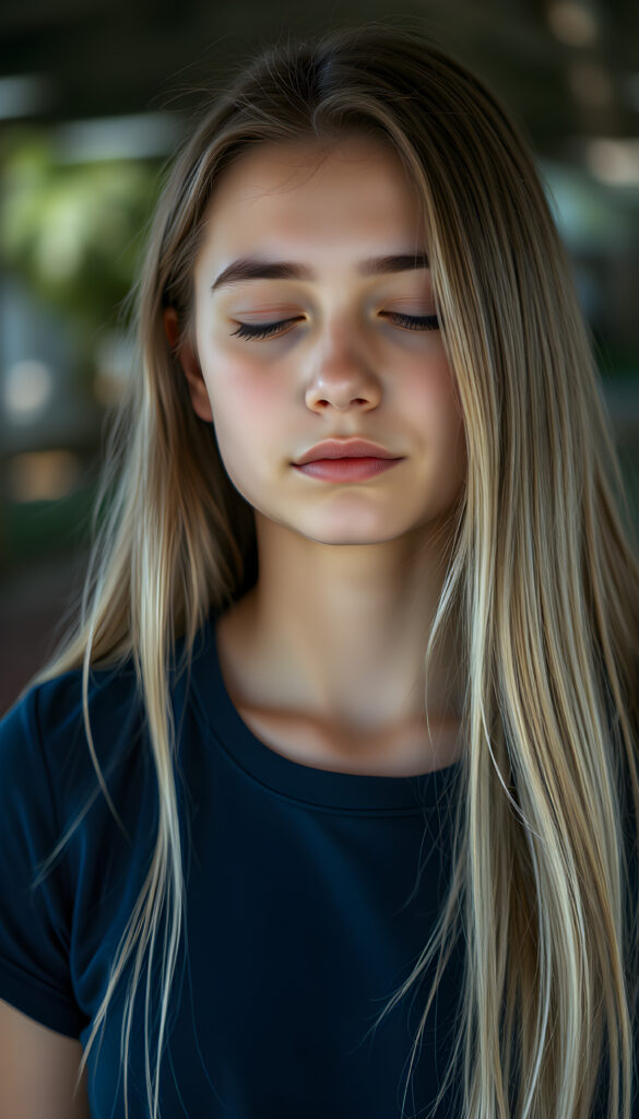 A teen girl. Her eyes are closed. Peaceful face. Long, white soft open hair falls over her upper body and is the same length on the right and left. She wears a deep blue t-shirt.