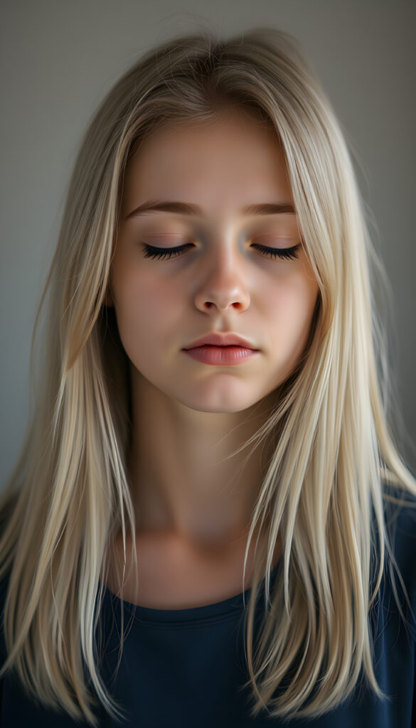 A teen girl. Her eyes are closed. Peaceful face. Long, white soft open hair falls over her upper body and is the same length on the right and left. She wears a deep blue t-shirt.