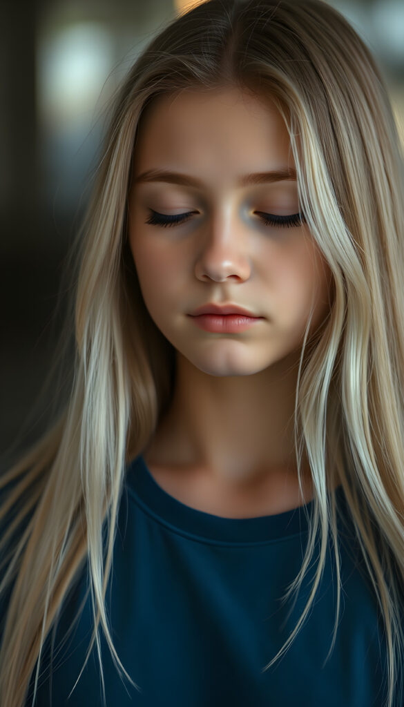 A teen girl. Her eyes are closed. Peaceful face. Long, white soft open hair falls over her upper body and is the same length on the right and left. She wears a deep blue t-shirt.