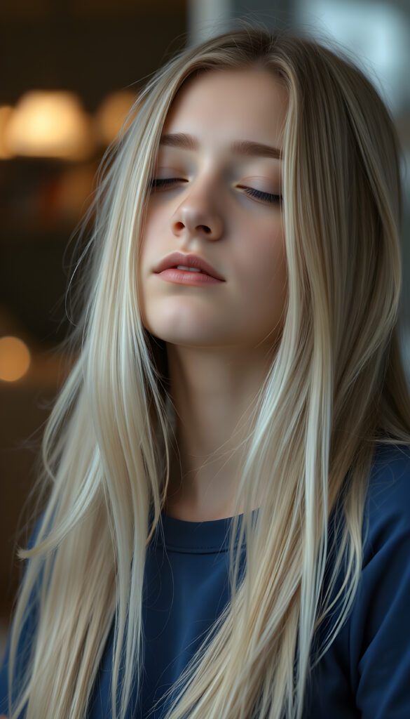 A teen girl. Her eyes are closed. Peaceful face. Long, white soft open hair falls over her upper body and is the same length on the right and left. She wears a deep blue t-shirt.