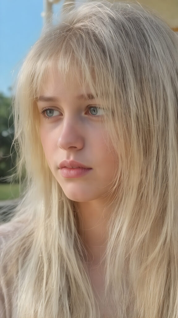 A thoughtful (((full body teenage cute model girl))) with long, soft, straight, thick, untucked natural white blond hair framing her face, bangs cut, caught slightly off guard as her hair cascades down her shoulders, capturing attention to her upper body. She's caught in a moment of reflection, looking from side on, her gaze catching the light, revealing an air of youthful curiosity and inquisitiveness. Her focus fixed on the camera's view, caught in a mix of shyness and confidence that exudes an alluring pose. The scene is set against a backdrop of a warm summer day with a clear blue sky, emphasizing her natural beauty