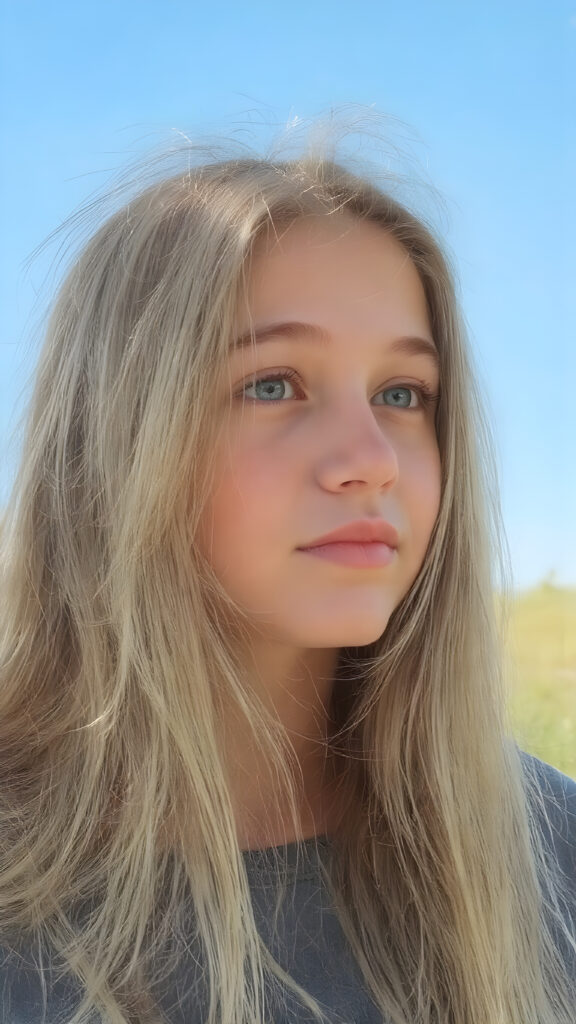 A thoughtful (((full body teenage cute model girl))) with long, soft, straight, thick, untucked natural white blond hair framing her face, bangs cut, caught slightly off guard as her hair cascades down her shoulders, capturing attention to her upper body. She's caught in a moment of reflection, looking from side on, her gaze catching the light, revealing an air of youthful curiosity and inquisitiveness. Her focus fixed on the camera's view, caught in a mix of shyness and confidence that exudes an alluring pose. The scene is set against a backdrop of a warm summer day with a clear blue sky, emphasizing her natural beauty