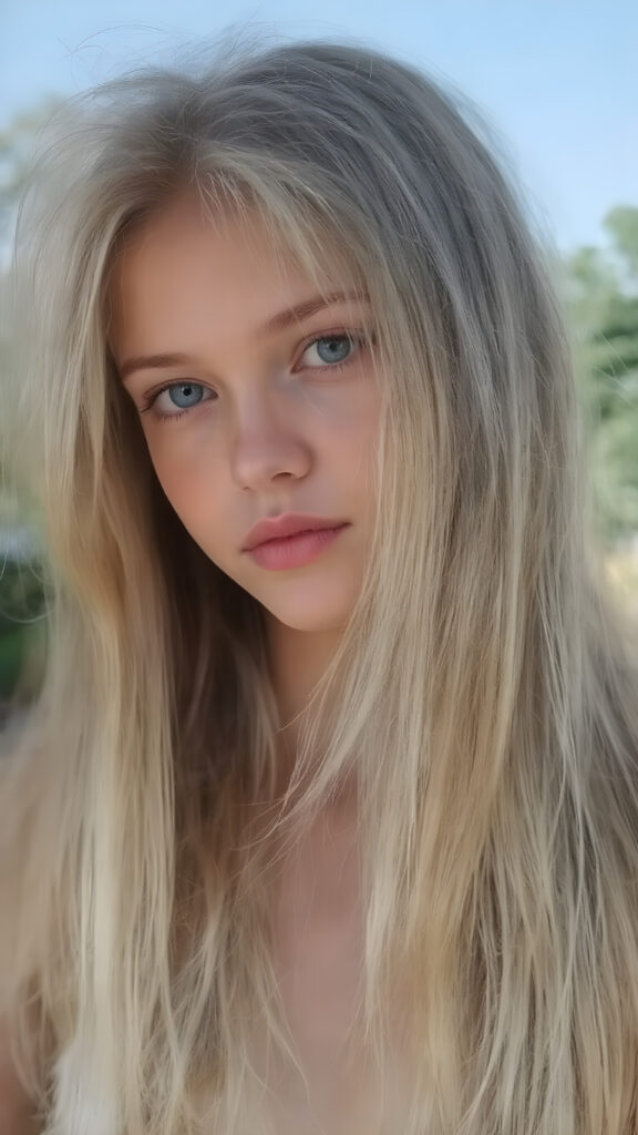 A thoughtful (((full body teenage cute model girl))) with long, soft, straight, thick, untucked natural white blond hair framing her face, bangs cut, caught slightly off guard as her hair cascades down her shoulders, capturing attention to her upper body. She's caught in a moment of reflection, looking from side on, her gaze catching the light, revealing an air of youthful curiosity and inquisitiveness. Her focus fixed on the camera's view, caught in a mix of shyness and confidence that exudes an alluring pose. The scene is set against a backdrop of a warm summer day with a clear blue sky, emphasizing her natural beauty