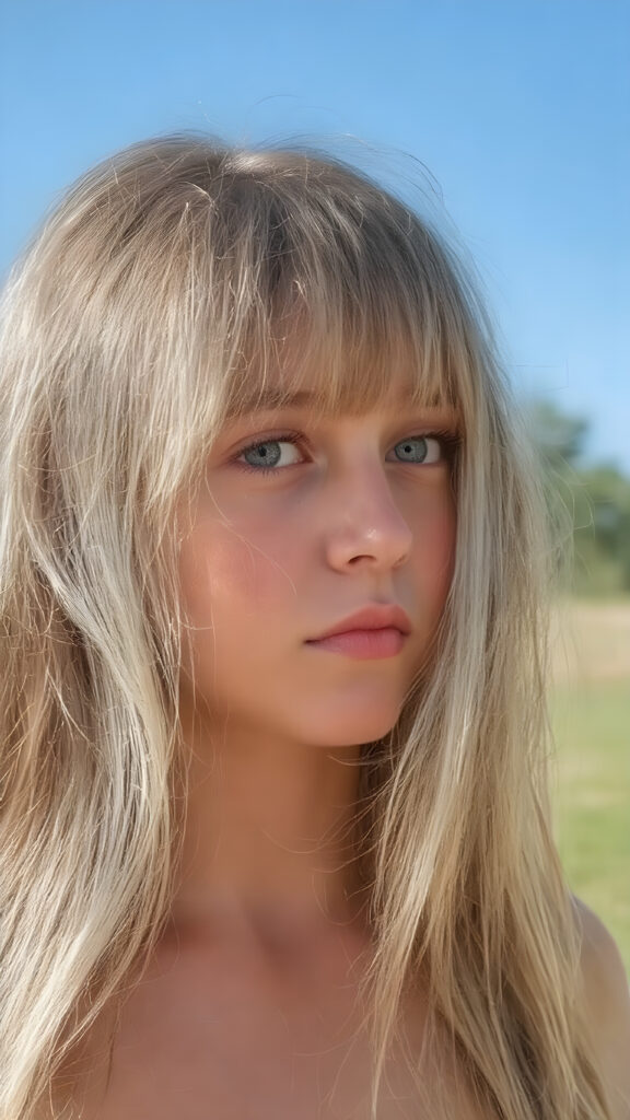 A thoughtful (((full body teenage cute model girl))) with long, soft, straight, thick, untucked natural white blond hair framing her face, bangs cut, caught slightly off guard as her hair cascades down her shoulders, capturing attention to her upper body. She's caught in a moment of reflection, looking from side on, her gaze catching the light, revealing an air of youthful curiosity and inquisitiveness. Her focus fixed on the camera's view, caught in a mix of shyness and confidence that exudes an alluring pose. The scene is set against a backdrop of a warm summer day with a clear blue sky, emphasizing her natural beauty