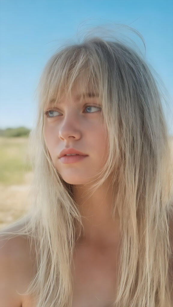 A thoughtful (((full body teenage cute model girl))) with long, soft, straight, thick, untucked natural white blond hair framing her face, bangs cut, caught slightly off guard as her hair cascades down her shoulders, capturing attention to her upper body. She's caught in a moment of reflection, looking from side on, her gaze catching the light, revealing an air of youthful curiosity and inquisitiveness. Her focus fixed on the camera's view, caught in a mix of shyness and confidence that exudes an alluring pose. The scene is set against a backdrop of a warm summer day with a clear blue sky, emphasizing her natural beauty