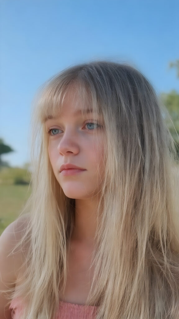 A thoughtful (((full body teenage cute model girl))) with long, soft, straight, thick, untucked natural white blond hair framing her face, bangs cut, caught slightly off guard as her hair cascades down her shoulders, capturing attention to her upper body. She's caught in a moment of reflection, looking from side on, her gaze catching the light, revealing an air of youthful curiosity and inquisitiveness. Her focus fixed on the camera's view, caught in a mix of shyness and confidence that exudes an alluring pose. The scene is set against a backdrop of a warm summer day with a clear blue sky, emphasizing her natural beauty