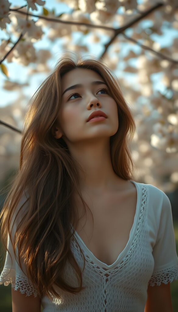 A tranquil scene of a young well busty girl with flowing chestnut locks, gazing serenely into the sky with her eyes gently closed. Her lips, a soft rosy hue, are slightly parted, reflecting a sense of wonder. Dressed in a delicate crocheted white T-shirt with a deep V-neckline, she exudes innocence and grace. The backdrop features a soft-focus garden with blooming cherry blossoms, creating a dreamy, pastel-colored ambiance. Soft, golden sunlight filters through the leaves, casting a warm glow on her serene face.