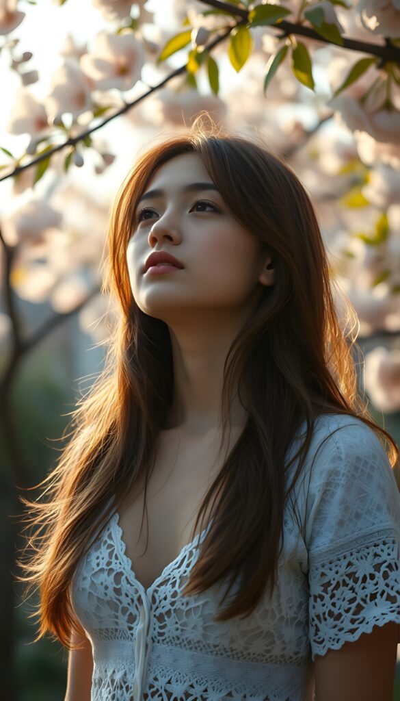A tranquil scene of a young well busty girl with flowing chestnut locks, gazing serenely into the sky with her eyes gently closed. Her lips, a soft rosy hue, are slightly parted, reflecting a sense of wonder. Dressed in a delicate crocheted white T-shirt with a deep V-neckline, she exudes innocence and grace. The backdrop features a soft-focus garden with blooming cherry blossoms, creating a dreamy, pastel-colored ambiance. Soft, golden sunlight filters through the leaves, casting a warm glow on her serene face.