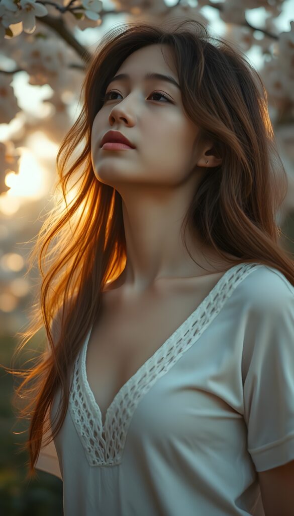 A tranquil scene of a young well busty girl with flowing chestnut locks, gazing serenely into the sky with her eyes gently closed. Her lips, a soft rosy hue, are slightly parted, reflecting a sense of wonder. Dressed in a delicate crocheted white T-shirt with a deep V-neckline, she exudes innocence and grace. The backdrop features a soft-focus garden with blooming cherry blossoms, creating a dreamy, pastel-colored ambiance. Soft, golden sunlight filters through the leaves, casting a warm glow on her serene face.