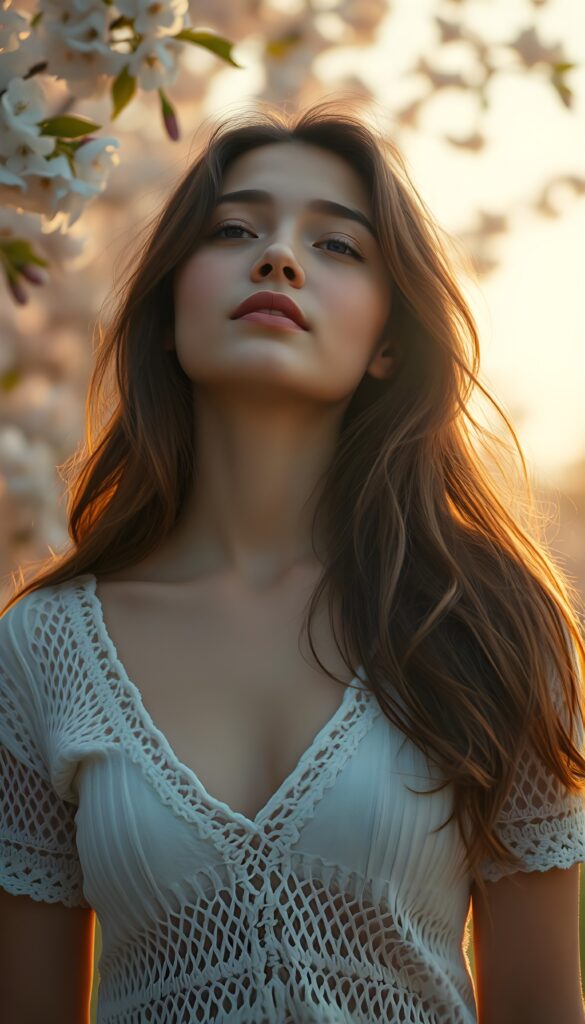 A tranquil scene of a young well busty girl with flowing chestnut locks, gazing serenely into the sky with her eyes gently closed. Her lips, a soft rosy hue, are slightly parted, reflecting a sense of wonder. Dressed in a delicate crocheted white T-shirt with a deep V-neckline, she exudes innocence and grace. The backdrop features a soft-focus garden with blooming cherry blossoms, creating a dreamy, pastel-colored ambiance. Soft, golden sunlight filters through the leaves, casting a warm glow on her serene face.