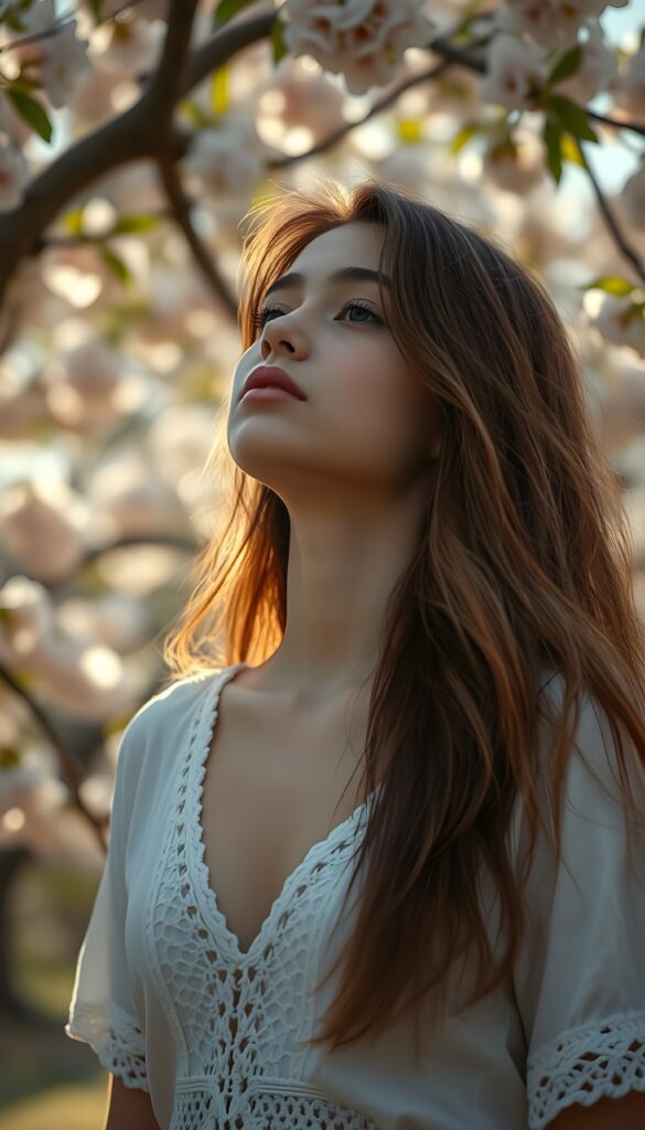 A tranquil scene of a young well busty girl with flowing chestnut locks, gazing serenely into the sky with her eyes gently closed. Her lips, a soft rosy hue, are slightly parted, reflecting a sense of wonder. Dressed in a delicate crocheted white T-shirt with a deep V-neckline, she exudes innocence and grace. The backdrop features a soft-focus garden with blooming cherry blossoms, creating a dreamy, pastel-colored ambiance. Soft, golden sunlight filters through the leaves, casting a warm glow on her serene face.