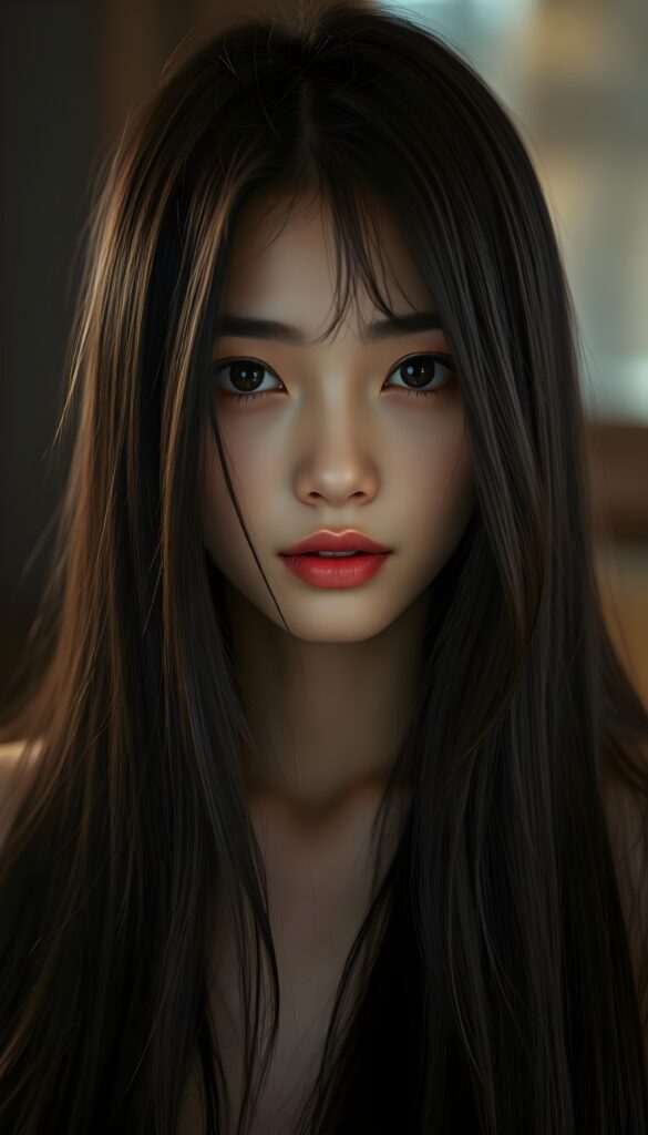 A typical young Asian girl with long, straight, silky black hair and brown highlights, porcelain-colored skin, and jet-black eyes that reflect the light. She looks direct at the camera with an innocent yet slightly seductive expression. The image is detailed and razor-sharp. The focus is on her round, finely detailed face. She has full, plump red lips. She smiles slightly, revealing her white teeth. The girl's face in centered in the picture.