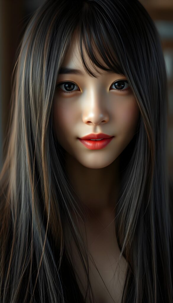 A typical young Asian girl with long, straight, silky black hair and brown highlights, porcelain-colored skin, and jet-black eyes that reflect the light. She looks direct at the camera with an innocent yet slightly seductive expression. The image is detailed and razor-sharp. The focus is on her round, finely detailed face. She has full, plump red lips. She smiles slightly, revealing her white teeth. The girl's face in centered in the picture.