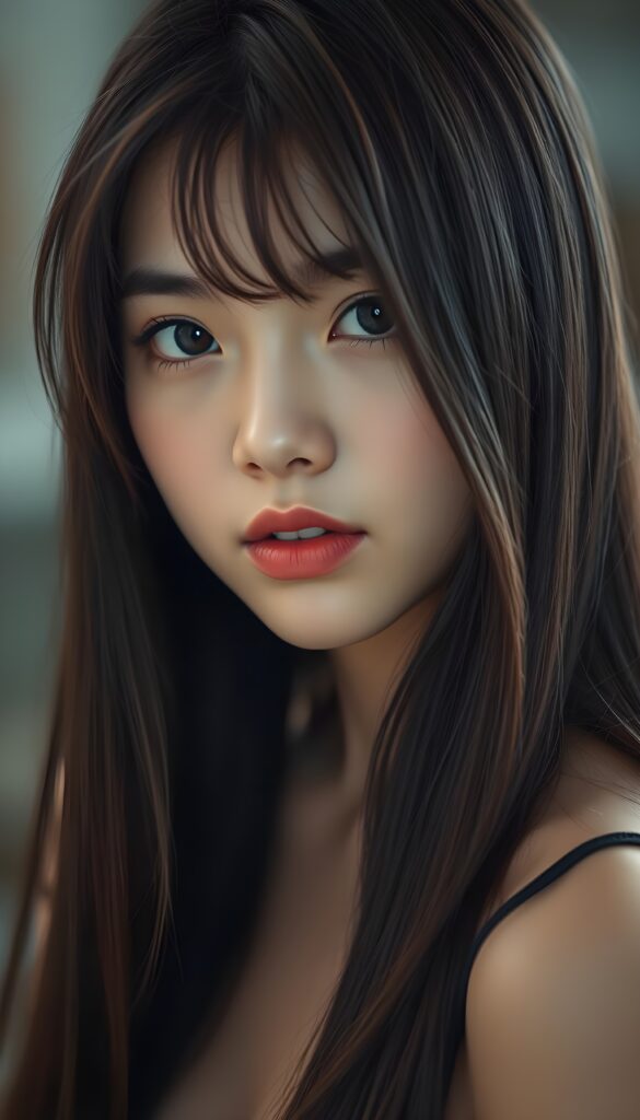 A typical young Asian girl with long, straight, silky black hair and brown highlights, porcelain-colored skin, and jet-black eyes that reflect the light. She looks direct at the camera with an innocent yet slightly seductive expression. The image is detailed and razor-sharp. The focus is on her round, finely detailed face. She has full, plump red lips. She smiles slightly, revealing her white teeth. The girl's face in centered in the picture.