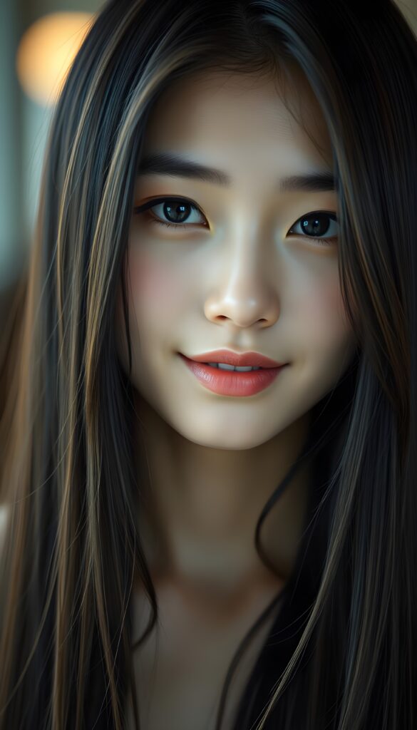 A typical young Asian girl with long, straight, silky black hair and brown highlights, porcelain-colored skin, and jet-black eyes that reflect the light. She looks direct at the camera with an innocent yet slightly seductive expression. The image is detailed and razor-sharp. The focus is on her round, finely detailed face. She has full, plump red lips. She smiles slightly, revealing her white teeth. The girl's face in centered in the picture.