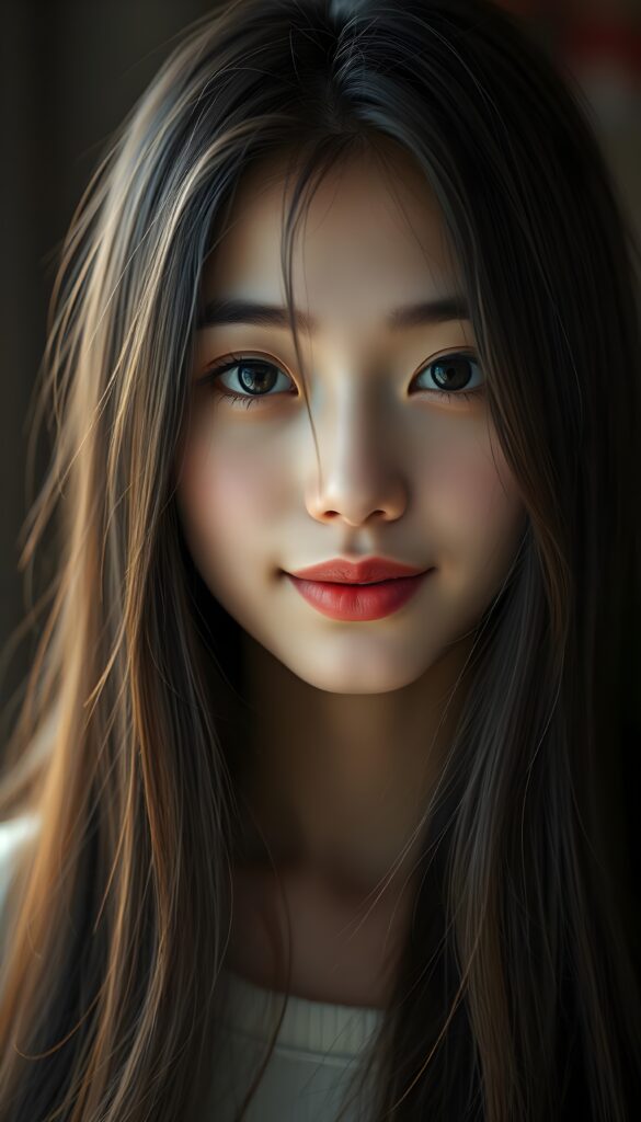 A typical young Asian girl with long, straight, silky black hair and brown highlights, porcelain-colored skin, and jet-black eyes that reflect the light. She looks direct at the camera with an innocent yet slightly seductive expression. The image is detailed and razor-sharp. The focus is on her round, finely detailed face. She has full, plump red lips. She smiles slightly, revealing her white teeth. The girl's face in centered in the picture.