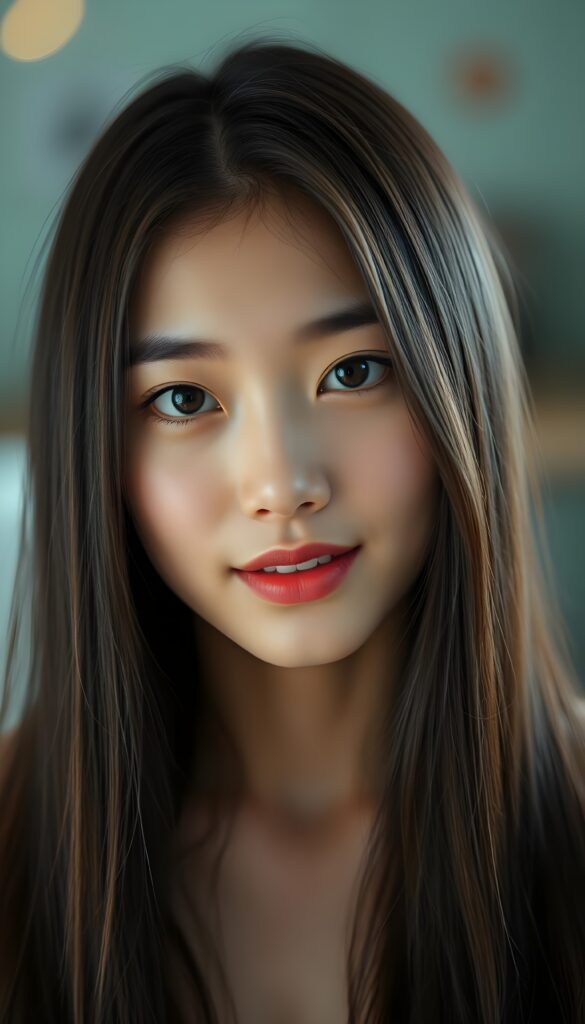 A typical young Asian girl with long, straight, silky black hair and brown highlights, porcelain-colored skin, and jet-black eyes that reflect the light. She looks direct at the camera with an innocent yet slightly seductive expression. The image is detailed and razor-sharp. The focus is on her round, finely detailed face. She has full, plump red lips. She smiles slightly, revealing her white teeth. The girl's face in centered in the picture.