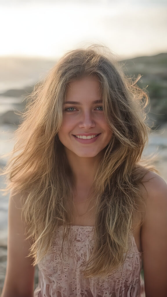 A (((very beautiful real person))), with incredibly long, wavy brown hair that flows gracefully around her face, reflecting the warm glow of the sun she shines from, set against a backdrop of a (beautiful new Zealand coastline) where she’s from. She’s dressed in a casual yet playful summer dress, with white sandals and a pastel color scheme, enhancing her youthful features. Her smile radiates warmth and vitality, completing the perfect summer scene
