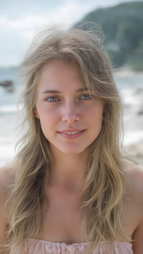 A (((very beautiful real person))), with incredibly long, wavy brown hair that flows gracefully around her face, reflecting the warm glow of the sun she shines from, set against a backdrop of a (beautiful new Zealand coastline) where she’s from. She’s dressed in a casual yet playful summer dress, with white sandals and a pastel color scheme, enhancing her youthful features. Her smile radiates warmth and vitality, completing the perfect summer scene