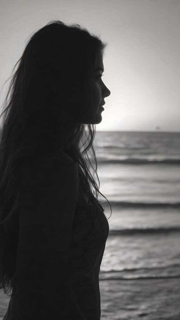 A (((very beautiful upper body silhouette of a girl in profile))), with intricate details and (((full, straight long flowing hair))) that extends outwards like a flowing cloak, in the style of classic black and white photography, capturing her perfectly serene yet dynamic poses at the beach during a breathtakingly beautiful sunset (with a very slightly curvy body)
