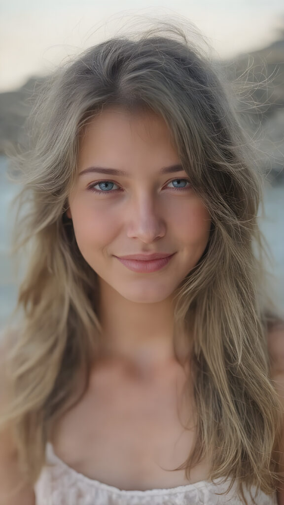 A (((very beautiful real person))), with incredibly long, wavy brown hair that flows gracefully around her face, reflecting the warm glow of the sun she shines from, set against a backdrop of a (beautiful new Zealand coastline) where she’s from. She’s dressed in a casual yet playful summer dress, with white sandals and a pastel color scheme, enhancing her youthful features. Her smile radiates warmth and vitality, completing the perfect summer scene