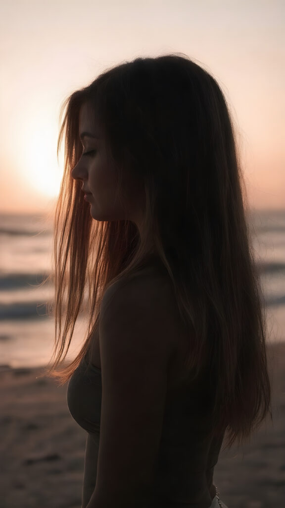 A (((very beautiful upper body silhouette of a girl in profile))), with intricate details and (((full, straight long flowing hair))) that extends outwards like a flowing cloak, in the style of classic black and white photography, capturing her perfectly serene yet dynamic poses at the beach during a breathtakingly beautiful sunset (with a very slightly curvy body)